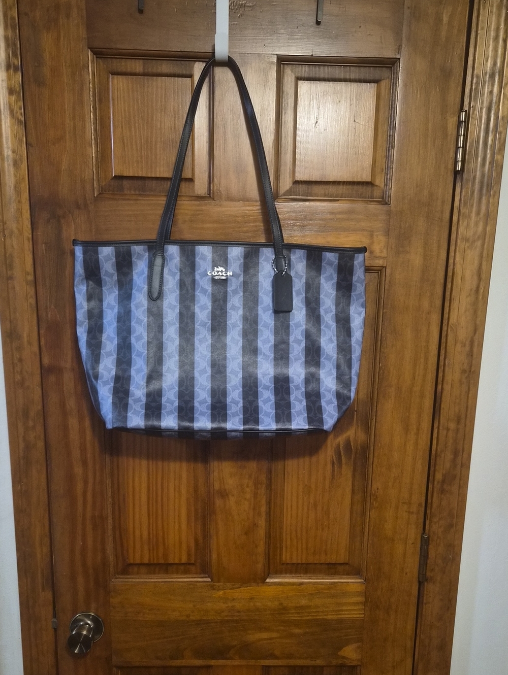 Coach Blue Striped Signature Tote with Black Leather Straps